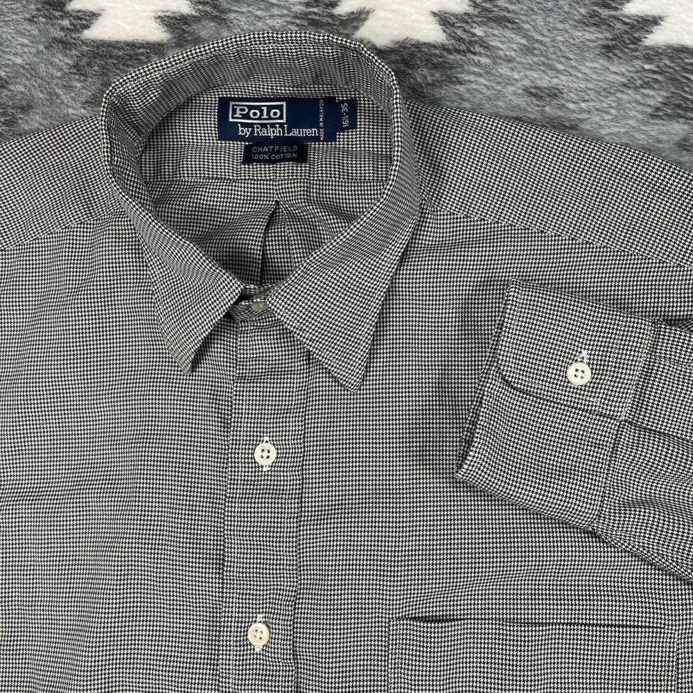 Polo Ralph Lauren Chatfield Mens Black White Houndstooth‎ Shirt 16.5 35 XL